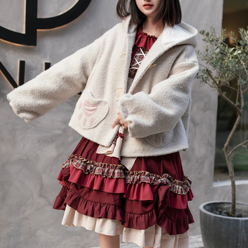 Cappotto corto in lana con orecchie di coniglio dolce lolita coreano stile Harajuku colletto alla peter pan stile preppy morbido ragazza principessa top giapponese