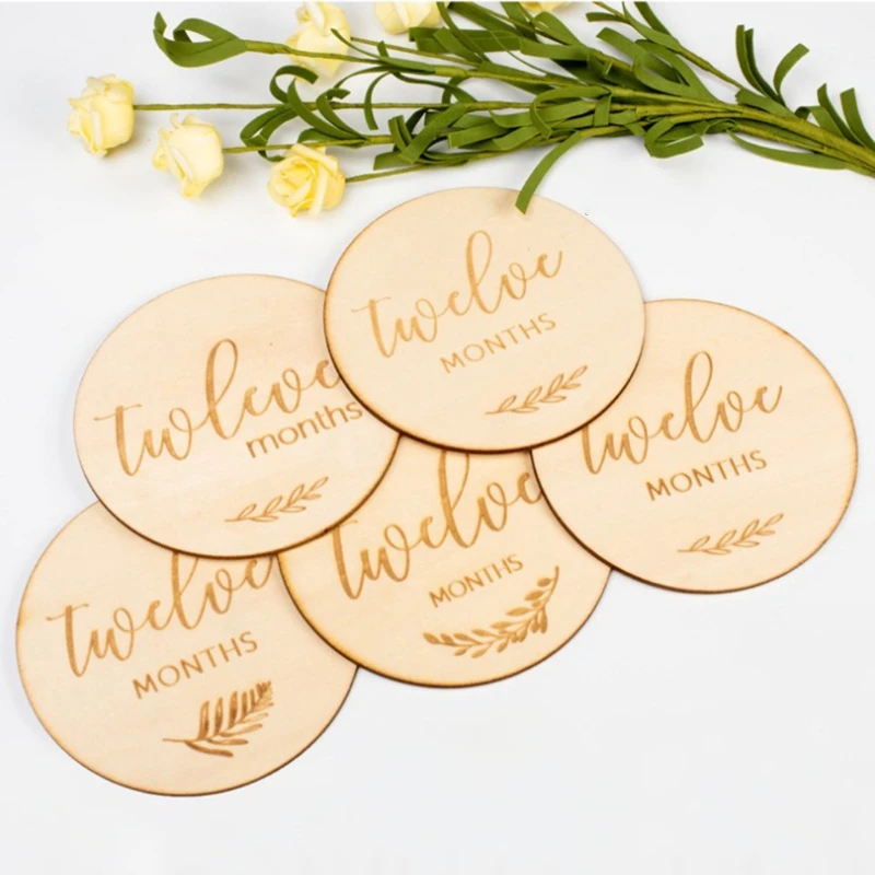 

12 Pcs Baby Milestone Cards Wooden Commemorate Baby Birth Monthly Recording Discs Newborn Infant Shower DIY Gifts