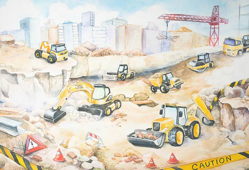 Mehofond Bau Bereich Fotografie Kulissen Vorsicht Bagger Gebäude Junge Geburtstag Kuchen Zerschlagen Foto Hintergrund Photophone