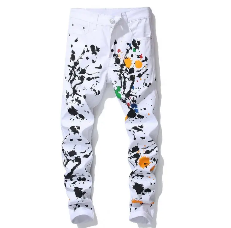 Brand Fashion New Stretch Mens Jeans white Oil painting Skinny Pants Men's Casual Cotton Denim Graffiti Printed Trousers