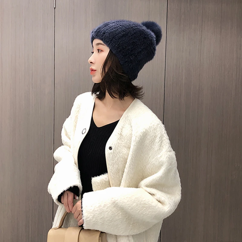 Cappello di pelliccia di visone donna inverno lavorato a maglia berretto di pelliccia di visone con pon pon di pelliccia di volpe fatto a mano nuovo