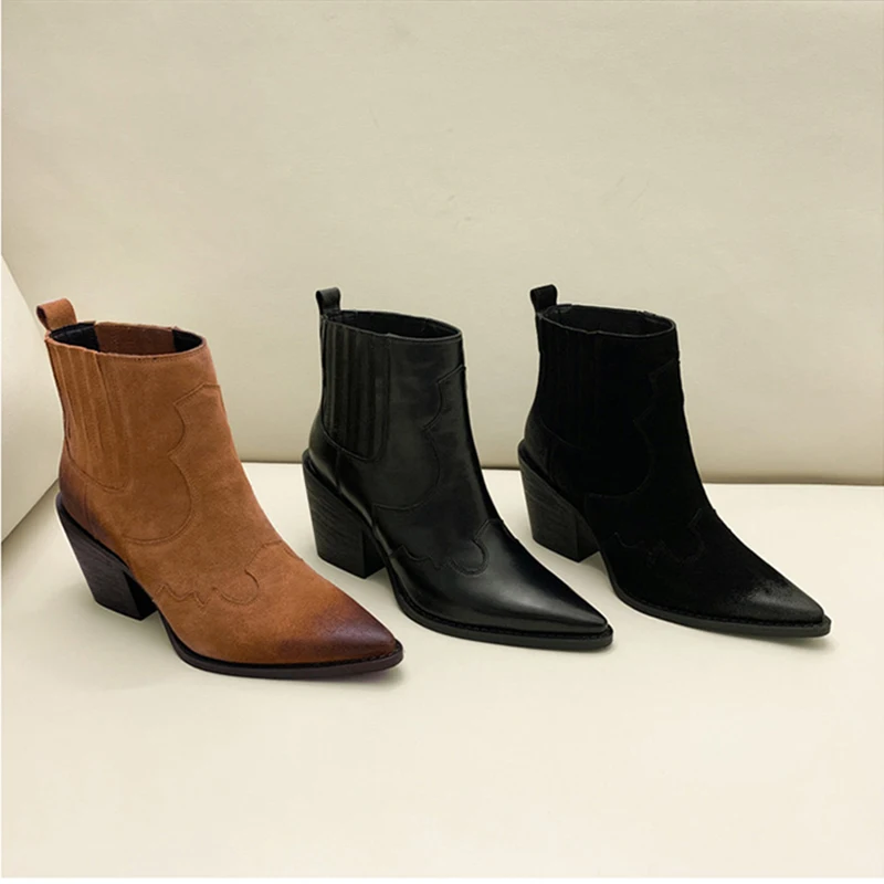 Leather Boots Women Genuine Pointed Toe Mid Heel Ankle Boots Thick Square Heel Slip On Western Boots Cowboy Boots Women 2020 New