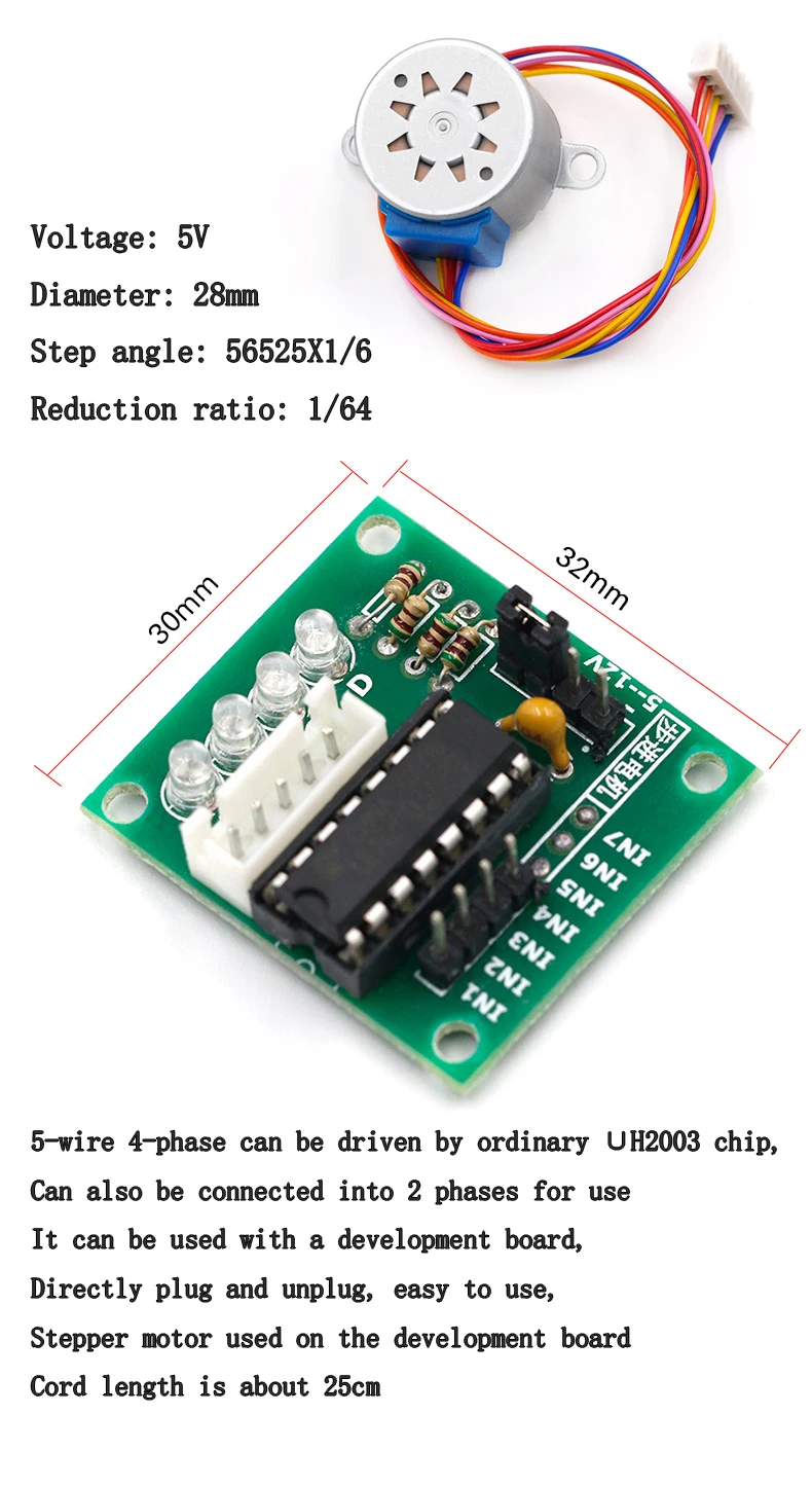 5V Stepper Motor 1/64+ULN2003 Driver Board 4-phase 5-wire Set Reduction Ratio 1/64 5V Stepper Motor Reducer Motor Module Set