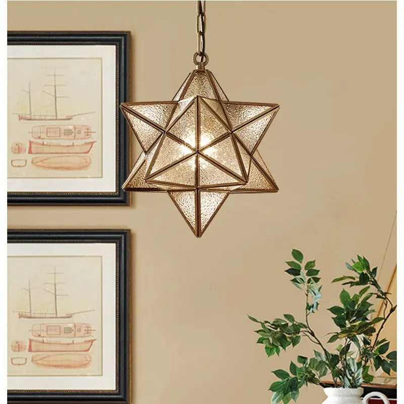 Imagem -05 - Nordic Full Copper Star Glass Pendant Lamp Geométrica Bronze Retro Luminárias Penduradas Decoração de Casa Bares Café Corredor