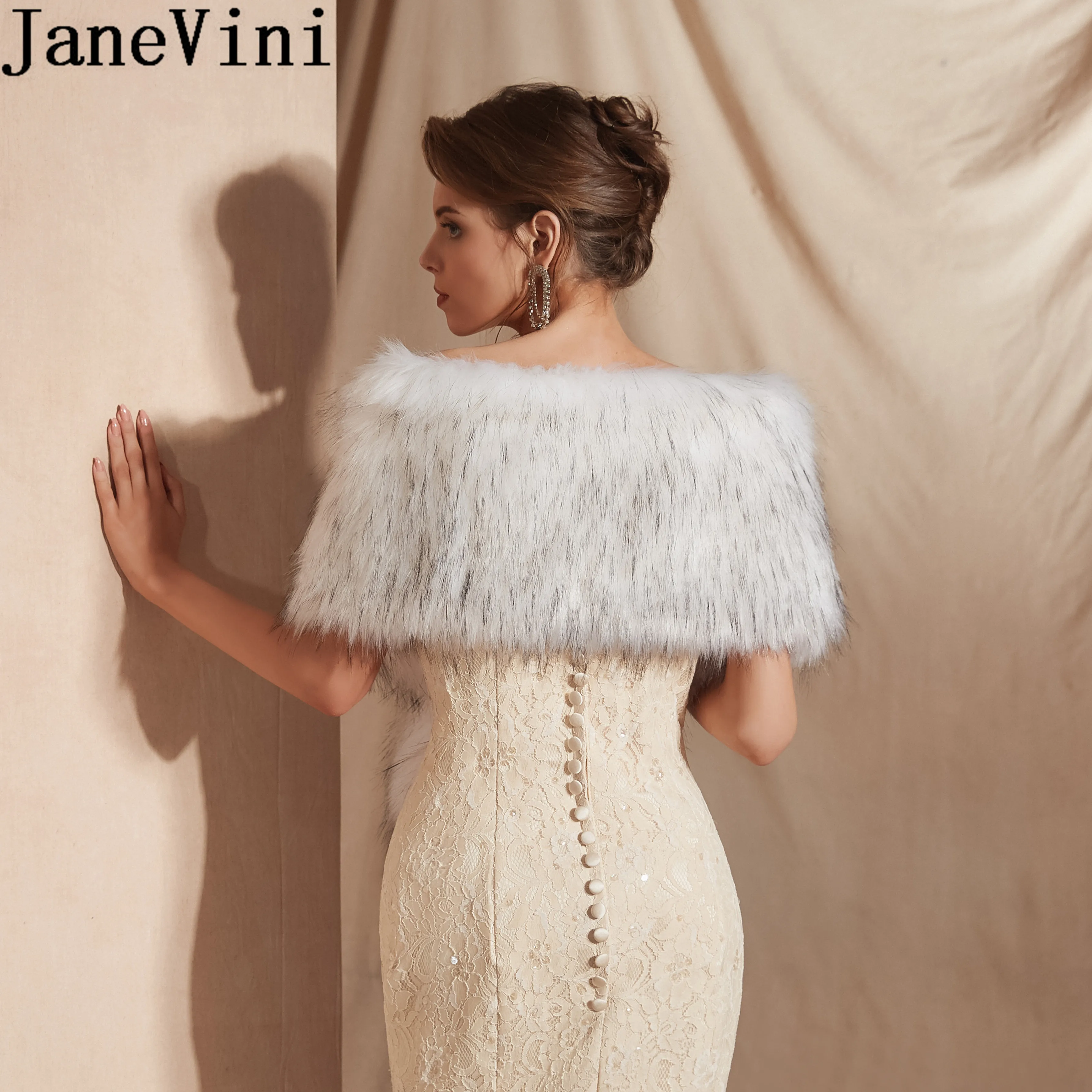 JaneVini Da Cerimonia Nuziale di Inverno Cappotto di Pelliccia Grigio Faux Fur Wrap Da Sposa Dello Scialle Del Capo Donna Promenade di Sera Stola