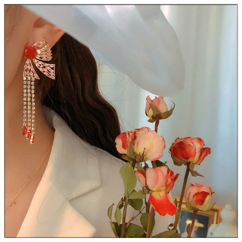 S925 Needles Drop Earrings For Women Vintage Pink Butterfly Tassels Long Cubic Zirconia Eardrop Temperament Fine Jewelry