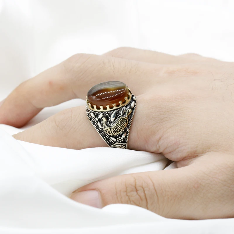 Türkiye Handmade Ring s925 Sterling Silver Vintage Fashion Natural Brown Ocean Agate Religious Muslim Islamic Men\'s Jewelry Gift