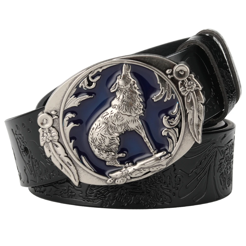 Silver Wolf Bucklt Men's Belt Embossing Decorative