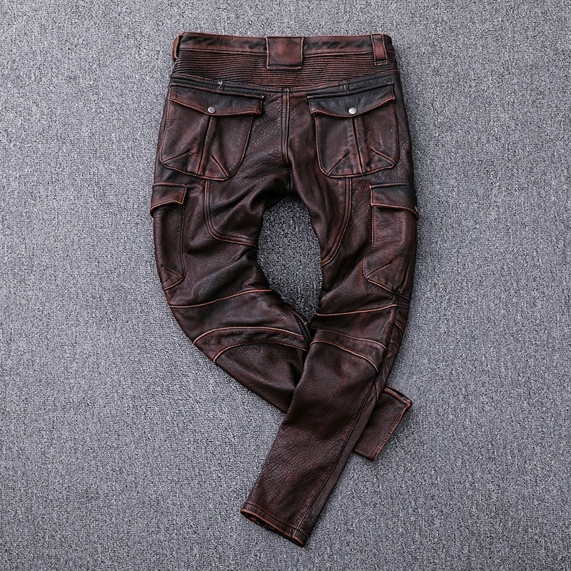 Red Brown Winter Leather Trousers Men Vintage Style Plus Size 4XL Genuine Natural Cowhide Can Add Protection Device Pant