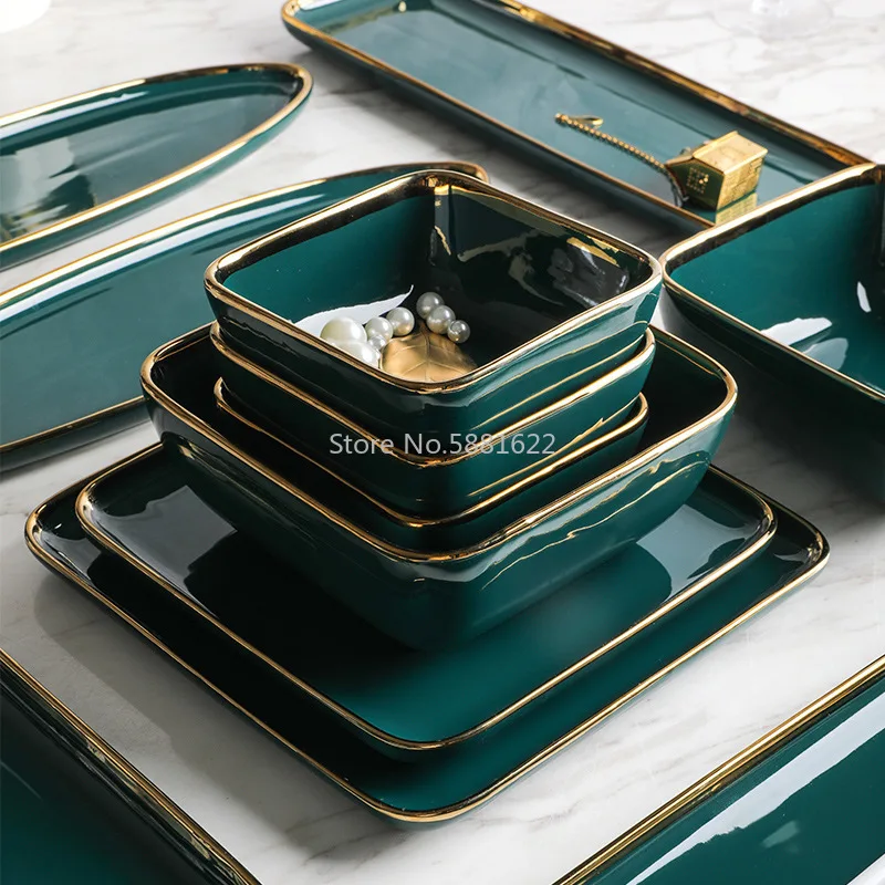 Tableware Green Ceramic Dinner Set Gold Inlay Porcelain Dessert Plate Steak Snack Cake Plate Salad Soup Rice Bowl