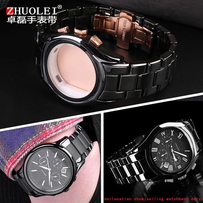 For Armani AR1452 AR1451 AR1410 AR1400 Ceramic watchband and case High Quality Black men Strap Bracelet Accessories 22mm 24mm