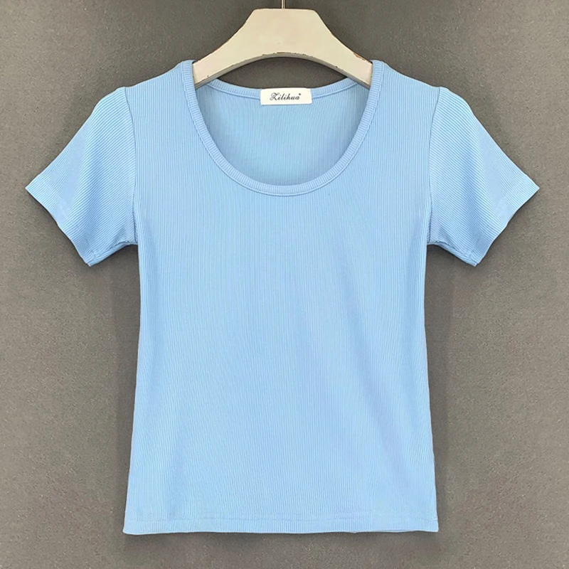 

Sexy Skinny Cropped T Shirt Women Short Sleeve O-Neck Crop Top T-Shirt Cotton Korean Fashion 2022 Summer Solid Tee Shirt Femme