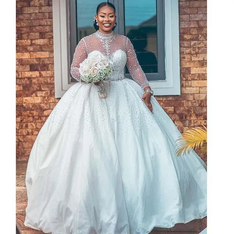 

2021 Luxury African Ball Gown Wedding Dresses Major Beading Beads Long Sleeve High Neck Crystals Belt Dress Bridal Gowns