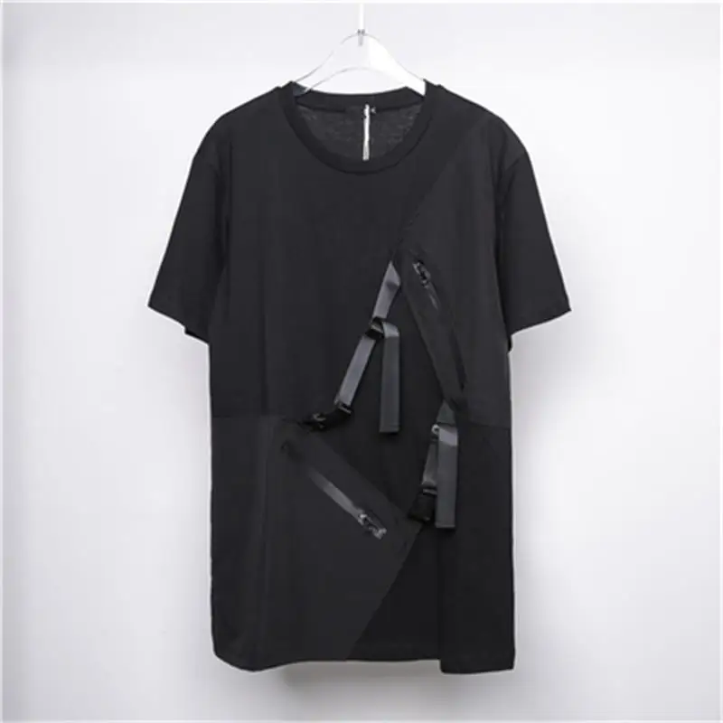 Men's Short Sleeve T-Shirt Summer Round Collar Solid Color Loose Function Webbed Buckle Casual Stitching Short Sleeve T-Shirt