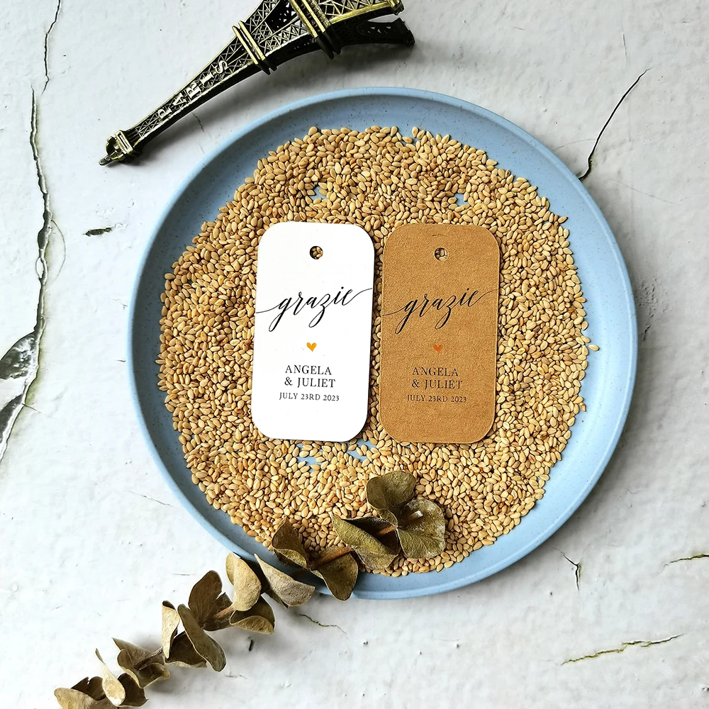 

YC20-100Pcs 35x65mm Italian Hangtag Kraft Paper Label Customization Invitations Cards Personal Name Your Logo Size Marker Grazie