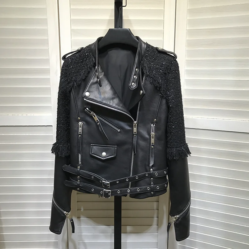 Moto & Biker-Genuine Leather Jacket for Women, Slim Outerwear, Short Coat, Patchwork Style, Spring and Autumn, New Arrival, 2023