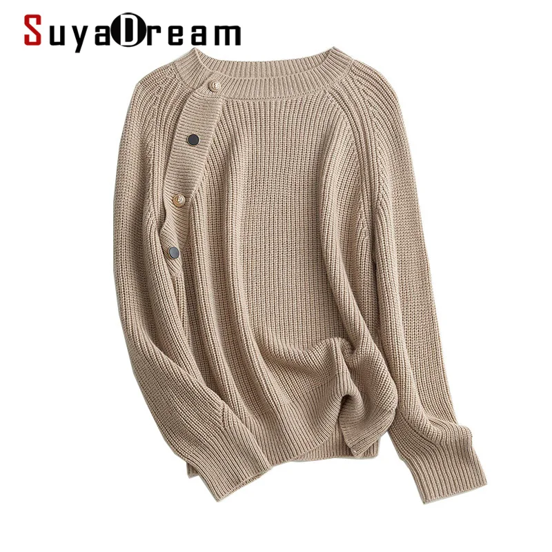 SuyaDream Women Wool Sweaters 2021 Winter O Neck Plain Pullovers 2021 Fall Winter Loose Top White Khaki