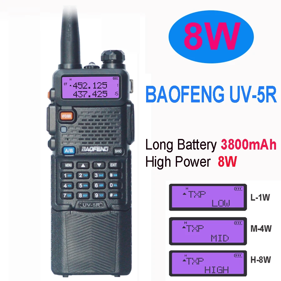 Baofeng 양방향 워키토키 PowerfulUV-5R, UV 5R CB 라디오 수신기 스테이션, 3800mah 대용량 배터리, 8W, 10km