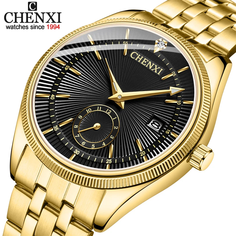 CHENXI Gold Watch Men Watches Top Brand Luxury Famous Wristwatch Male Clock Golden Quartz Wrist Watch Calendar Relogio Masculino