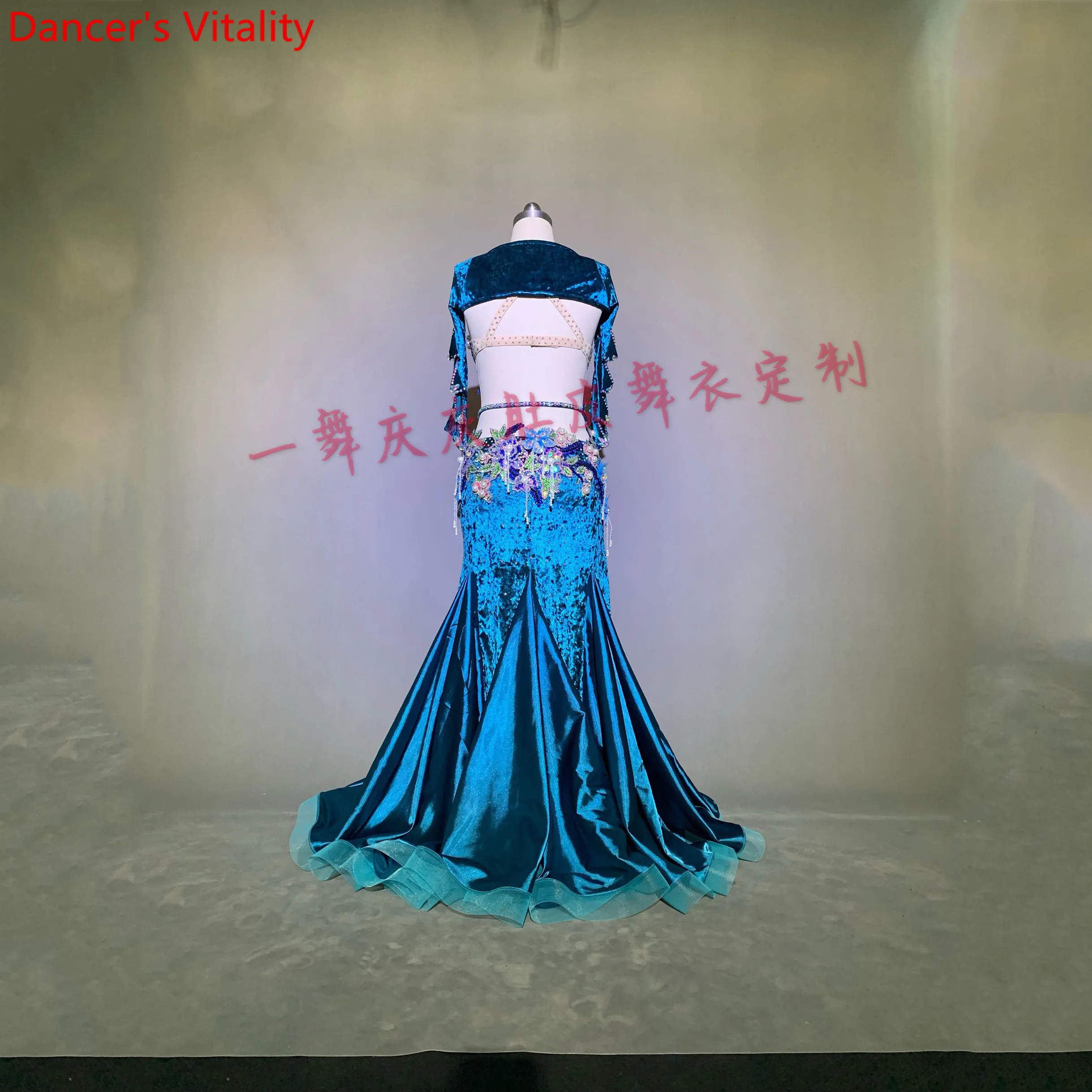 Customized Belly Dance Diamond Bead Bra Tassel Skirt Velour Set Women Oriental Indian Drum Dance Group Competition Stage Costume