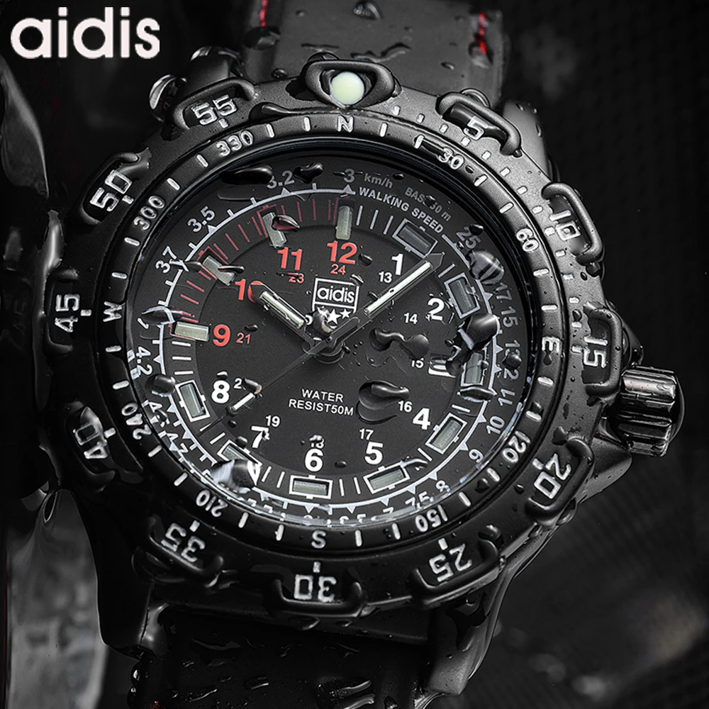 Addyes-reloj de cuarzo deportivo militar para hombre, pulsera con correa de silicona, resistente al agua 50m, de 45mm con bisel giratorio, carcasa