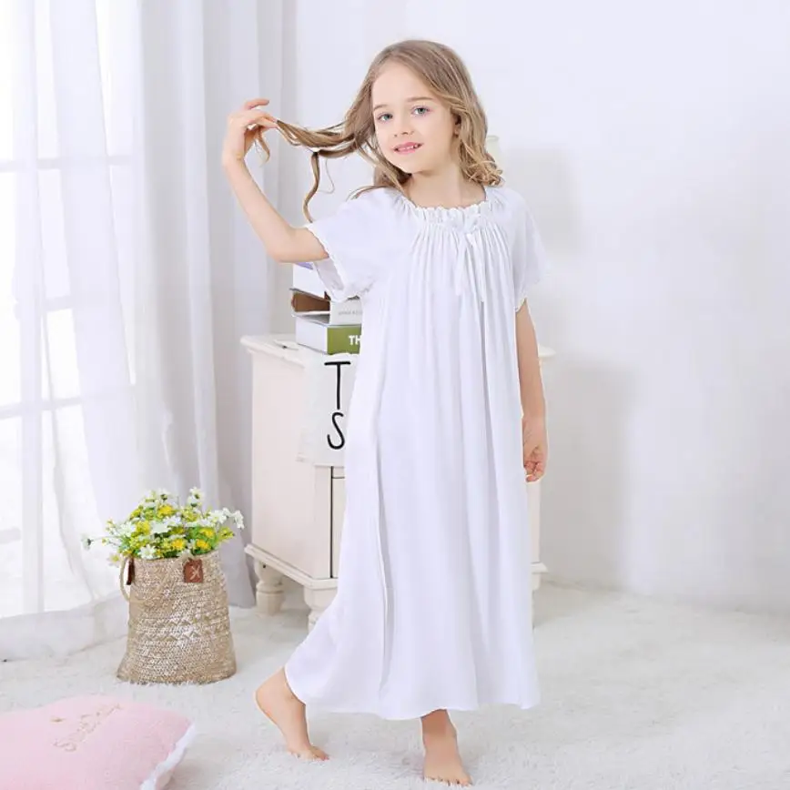 

Baby Girl Short-sleeve Cotton Nightgown White Loose Children Nightdress O-neck Royal Princess Pyjamas Kids Sleepshirts Dress