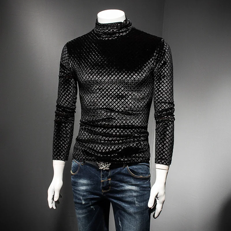 Black Coffee Turtle Neck T Shirt Men Luxury Autumn Winter Slim Fit Plaid Tshirt Club Outfit Camisas Masculina