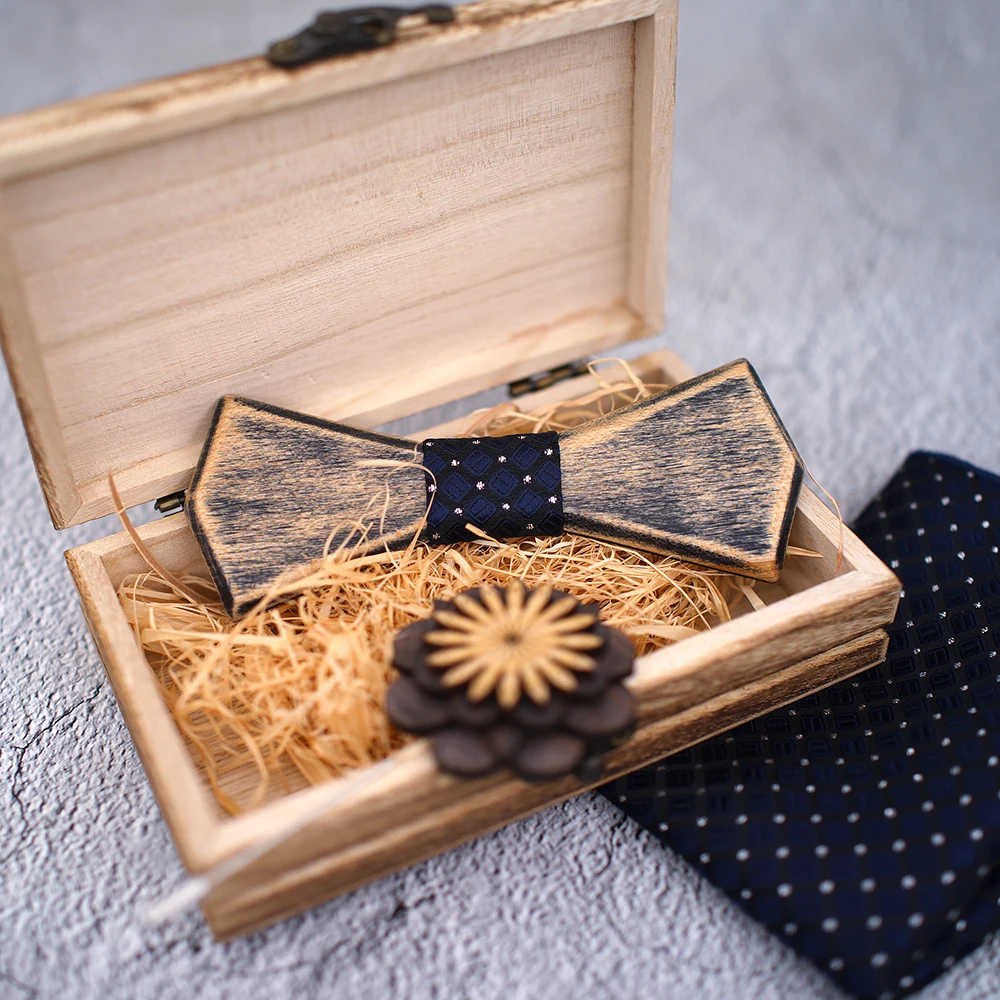 Old colored Vantage Wooden Hollow Wood Bow Ties Bowtie With Pocket Square Brooch For Men Christmas Gift Set With Box Ties