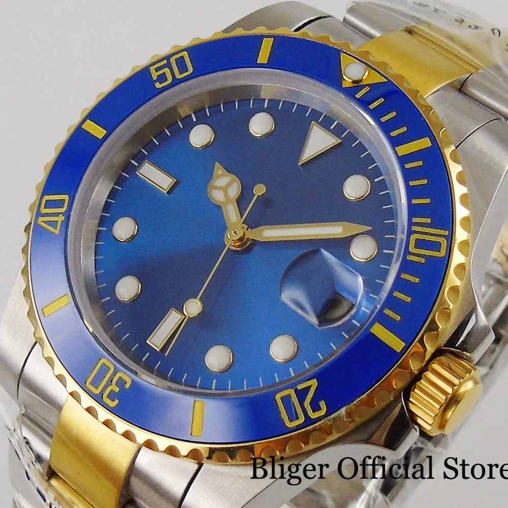 BLIGER  NH35A MIYOTA 8215 PT5000 Automatic Men Watch Two Tone Gold Bracelet Blue Black Sunburst Dial Sapphire Crystal