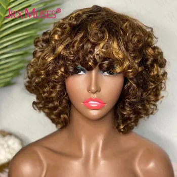 ไฮไลท์สีบลอนด์ Funmi Curly สั้นวิกผมมนุษย์ผู้หญิงเปรู Curly Bob Burgundy สี Full เครื่อง Fringe วิกผม