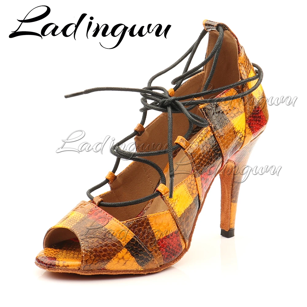 Ladingwu Latin Dance Shoes Roman Boots Dance Soft Bottom For Women Girls Ballroom Dance Shoes Characteristic Plaid Style PU