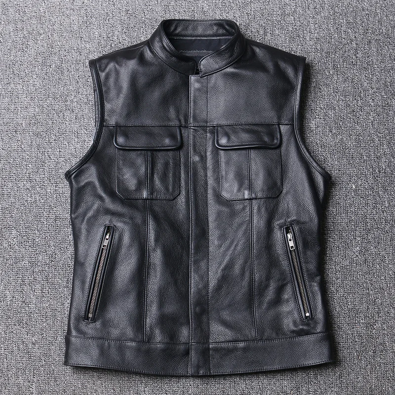 

Biker Motorcycle Leather Vest Men Genuine Cow Leather Sleeveless Jackets 100% REAL Cowhide Stand Collar Waistcoat Outwear