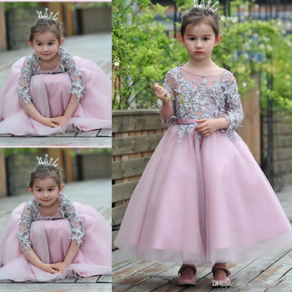 

Cute First Communion Dresses Applique Flower Girl Dresses Three Quarter Sleeve O-neck A-line Girls Pageant Gowns For Wedding Che