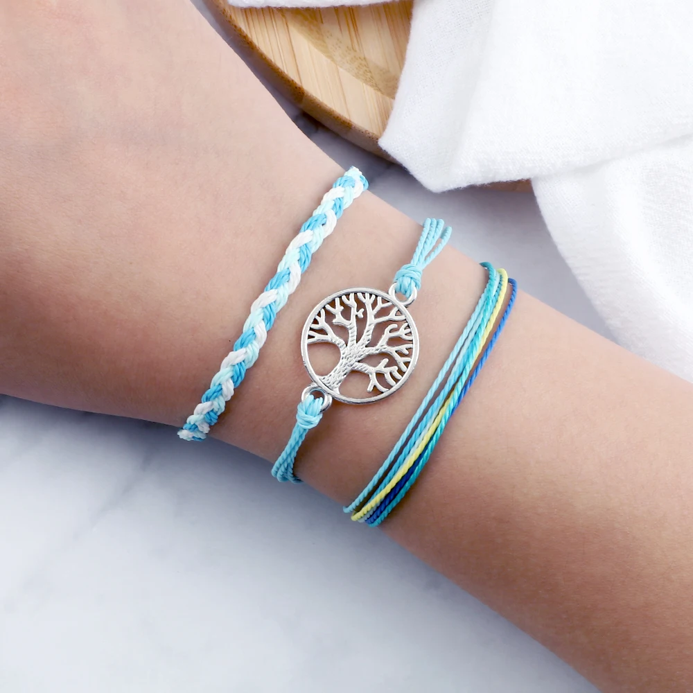 Adjustable 3pcs/set Blue Bracelet Bohemian Waves Life Tree OM Yoga String Braceelets Charm Woven Bangles Friendship Gift Jewelry