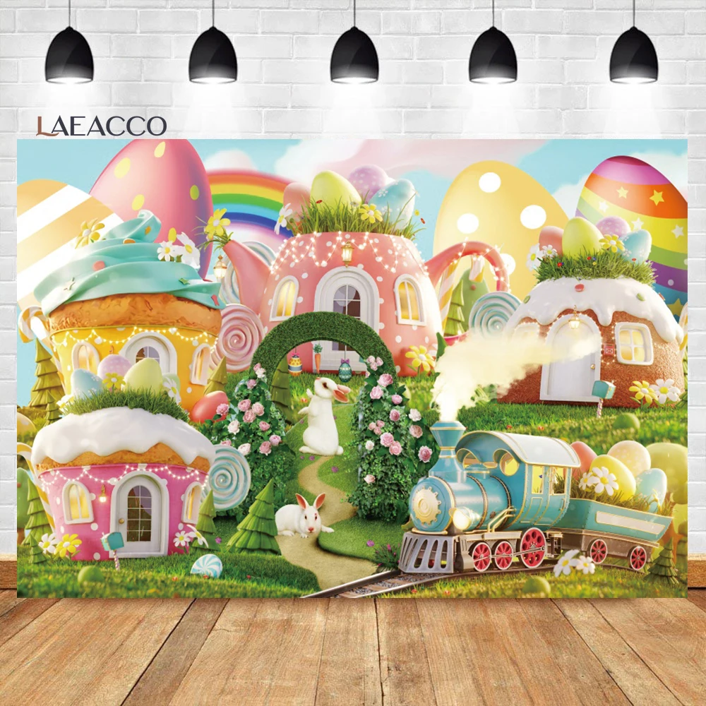 

Laeacco Candy Land Ice Cream House Cartoon Rabbit Easter Eggs Photography Backdrop Baby Birthday Customized Portrait Background