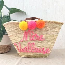 Bolso con monograma colorido con nombre personalizado, bolso de paja de playa, bolso de playa personalizado, cesta marroquí de paja con pompones personalizados