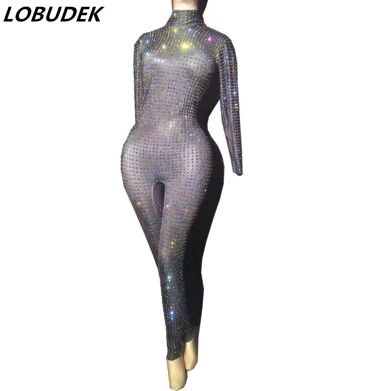 

Full Rhinestones Long Sleeve Skinny Jumpsuit Women Birthday Celebrate Party Elastic Rompers Singer Dancer Performance Costume