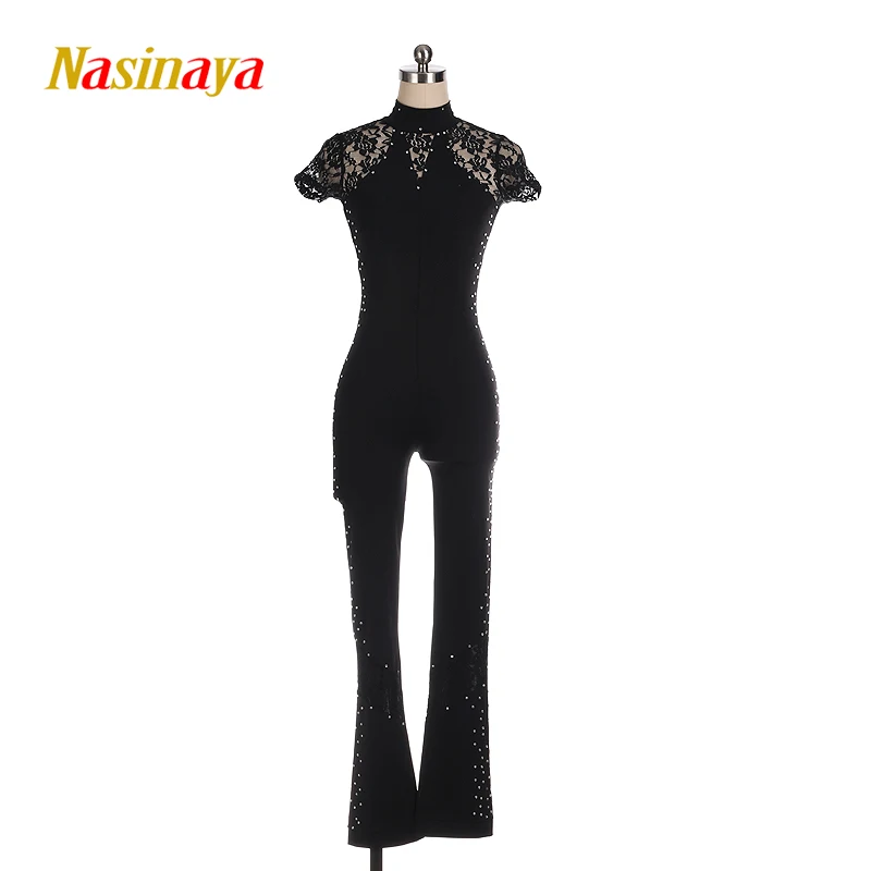 Nasinaya Girls' Figure Skating Competition Leotard Bodysuit Women's All In One Patinaje Short Sleeve Black Lace