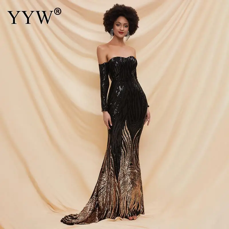 New Off The Shoulder Court Sequins Evening Dresses Geometric Sequined Sweetheart Long Sleeve Floor Length Cocktail Dresses Black