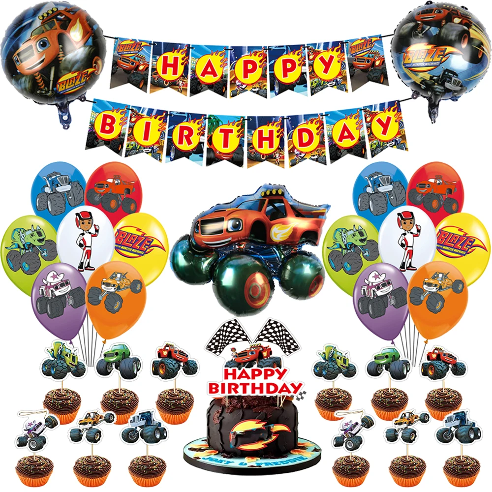 Globos Blaze Monster, coche de dibujos animados, pancarta de feliz cumpleaños, decoraciones para fiestas, máquinas de carreras, coche de carreras, SUV, pastel, adornos para magdalenas, Juguetes