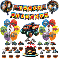 Blaze Monster Balloons Cartoon Car Happy Birthday Banner Party Decorations Machines Racing Racecar SUV Cake Cupcake Toppers Toys