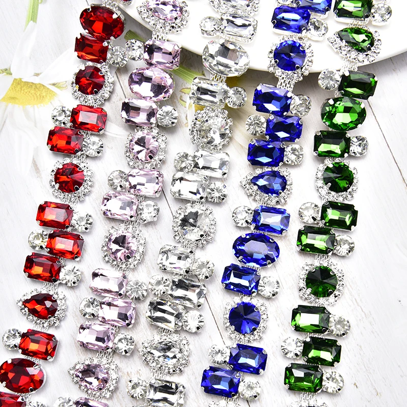 Rhinestone Chain Rectangular Round Oval Water Drop Glass Diamond Trim Colored Crystal Claw Chain For Sewing Craft Diy Decoration