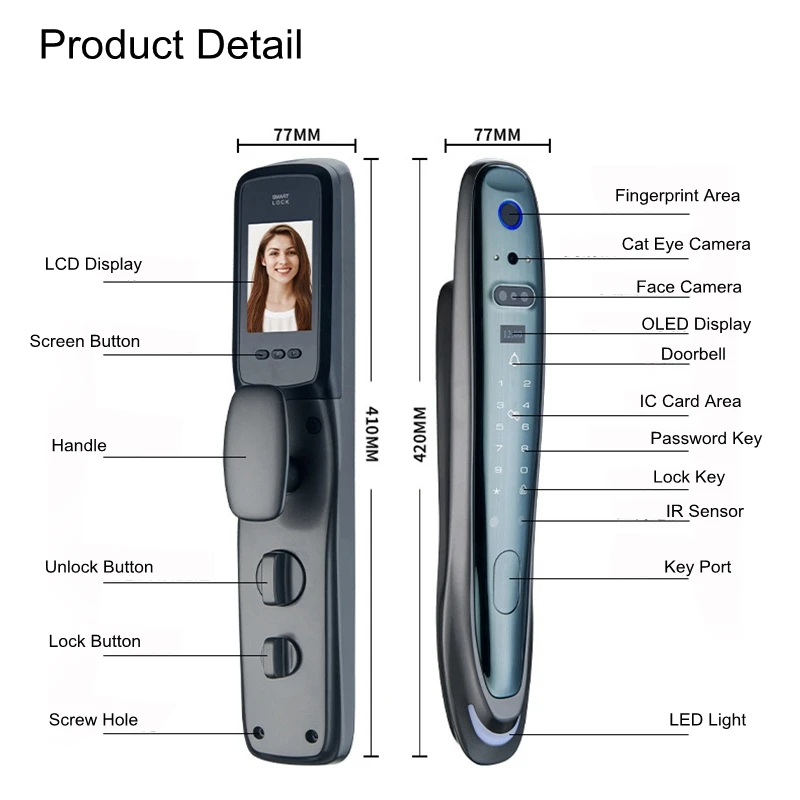 Face Recognition Smart Fingerprint Password IC Card Electronic Door Lock Autmation With Surveillance Camera Visible Doorbell