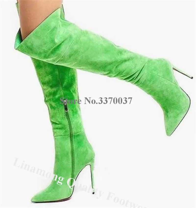 Linamong Elegant Pointed Toe Green Over Knee Boots Charming Suede Leather Stiletto Heel Long BootsClub Dress Shoes