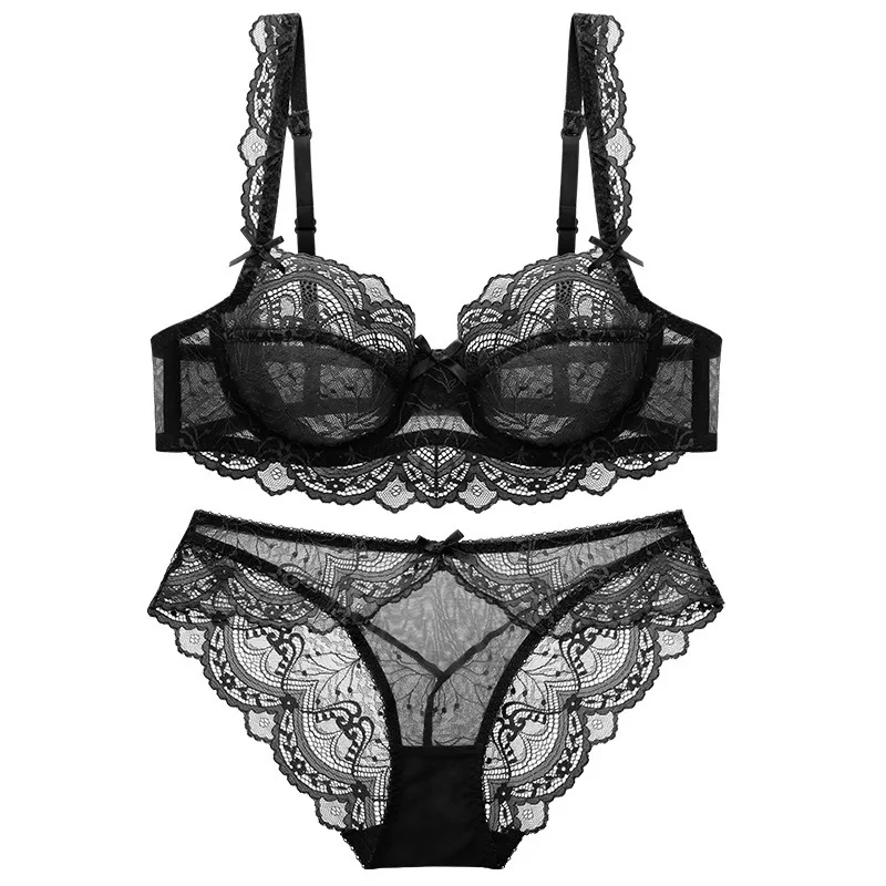 NHKDSASA Bra Set Plus Size For Women Lingerie Fine Lace Sheer Underwire Ruffles Straps Decorate With Bow Women's Underwear