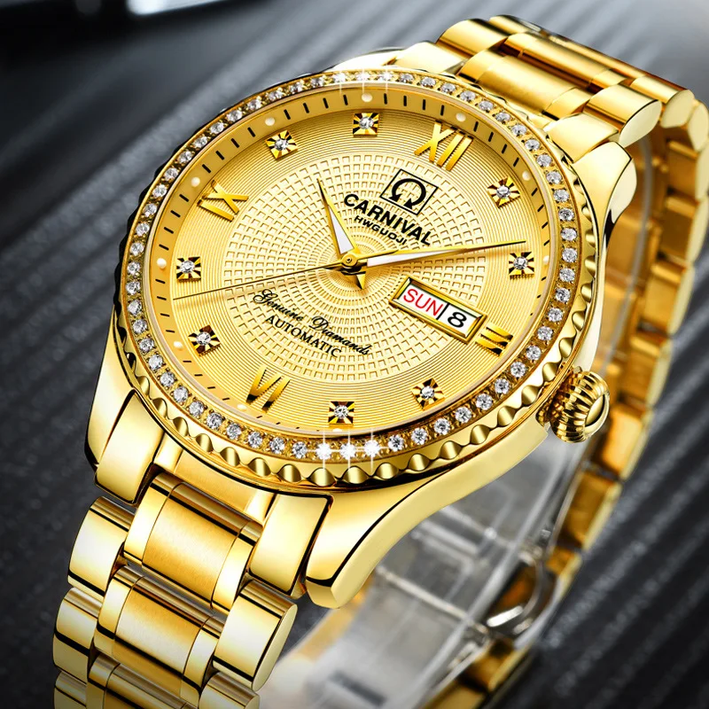 

Carnival Mens Gold Automatic Movement Wrist Watches Brand Luxury Dress Mechanical Watch Waterproof Luminous for Men Reloj Hombre