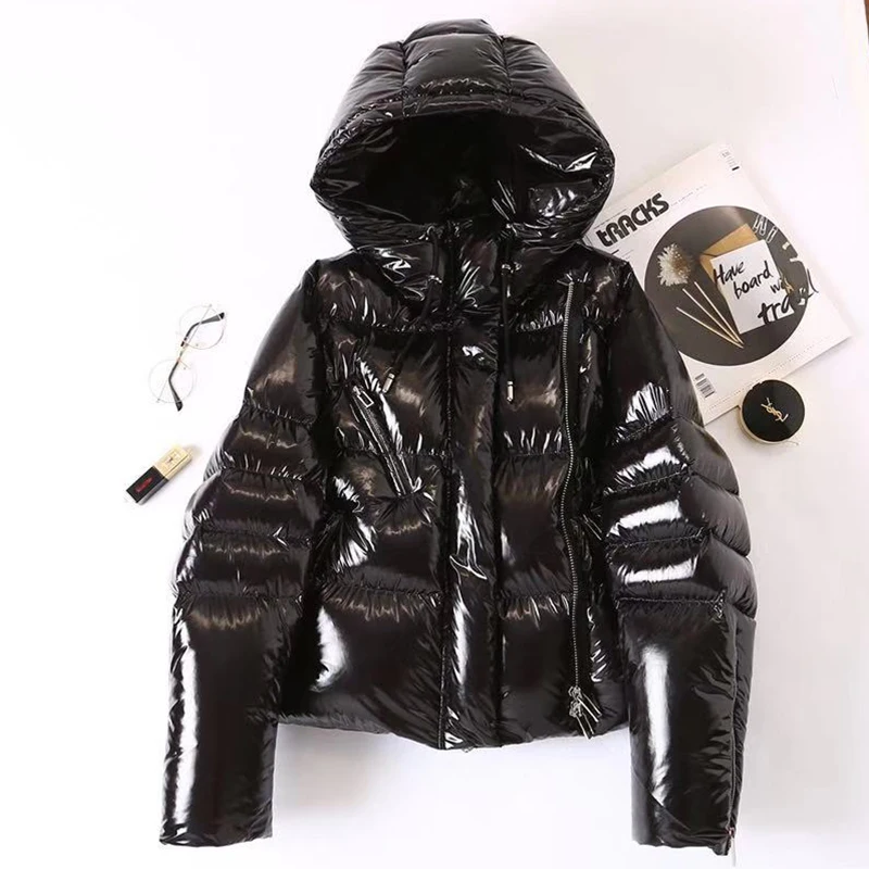 Glossy Down Jacket Women Streetwear 2024 New White Hooded Short 90% White Duck down Coat Black Loose Female Parka Zipper Outwear