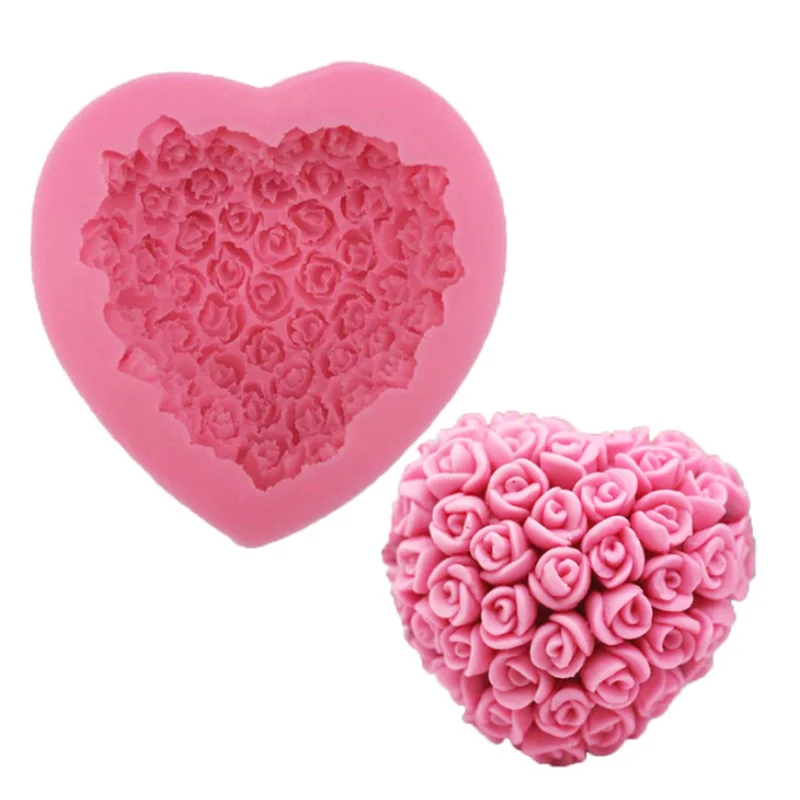 3D Rose Flower Mold Love Heart Shape Silicone Candle Mold Chocolate Mold Fondant Cake Soap Mould Gift for Wedding Valentine