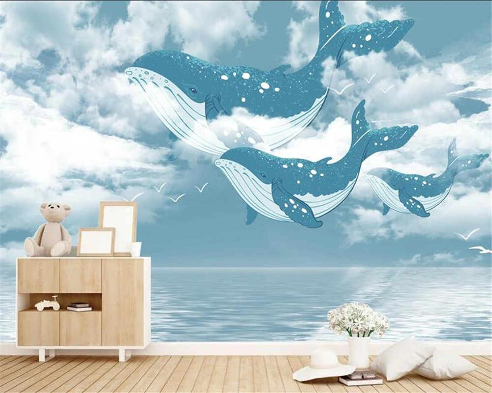 Personalizado 3d mural oceano céu baleia quarto das crianças fundo da parede phots papel de parede para paredes do quarto 3d