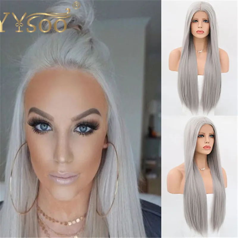 YYsoo สีเทาสังเคราะห์ Wigs สำหรับผู้หญิง13X4ยาวตรงที่สมจริงยาวตรงความร้อนทนวิกผมสังเคราะห์